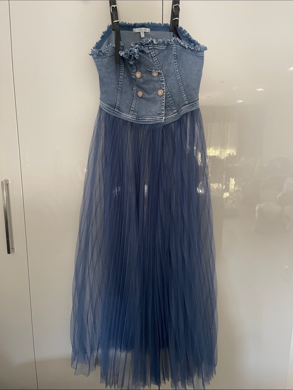 Pastels Blue Denim Corset Tulle Maxi Dress for Girls